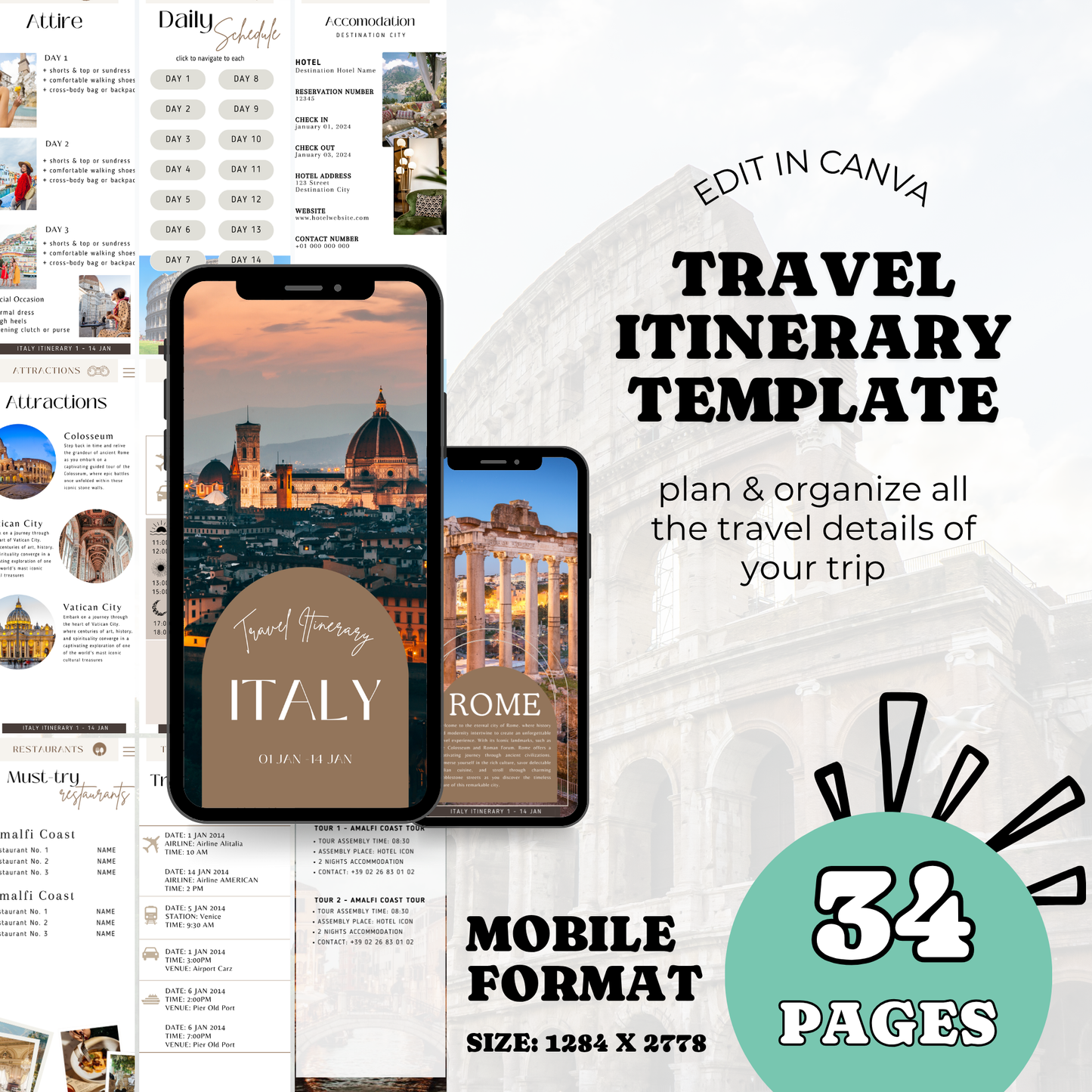 Travel Itinerary Template | Fully Customizable Canva Template | Mobile-Friendly Version