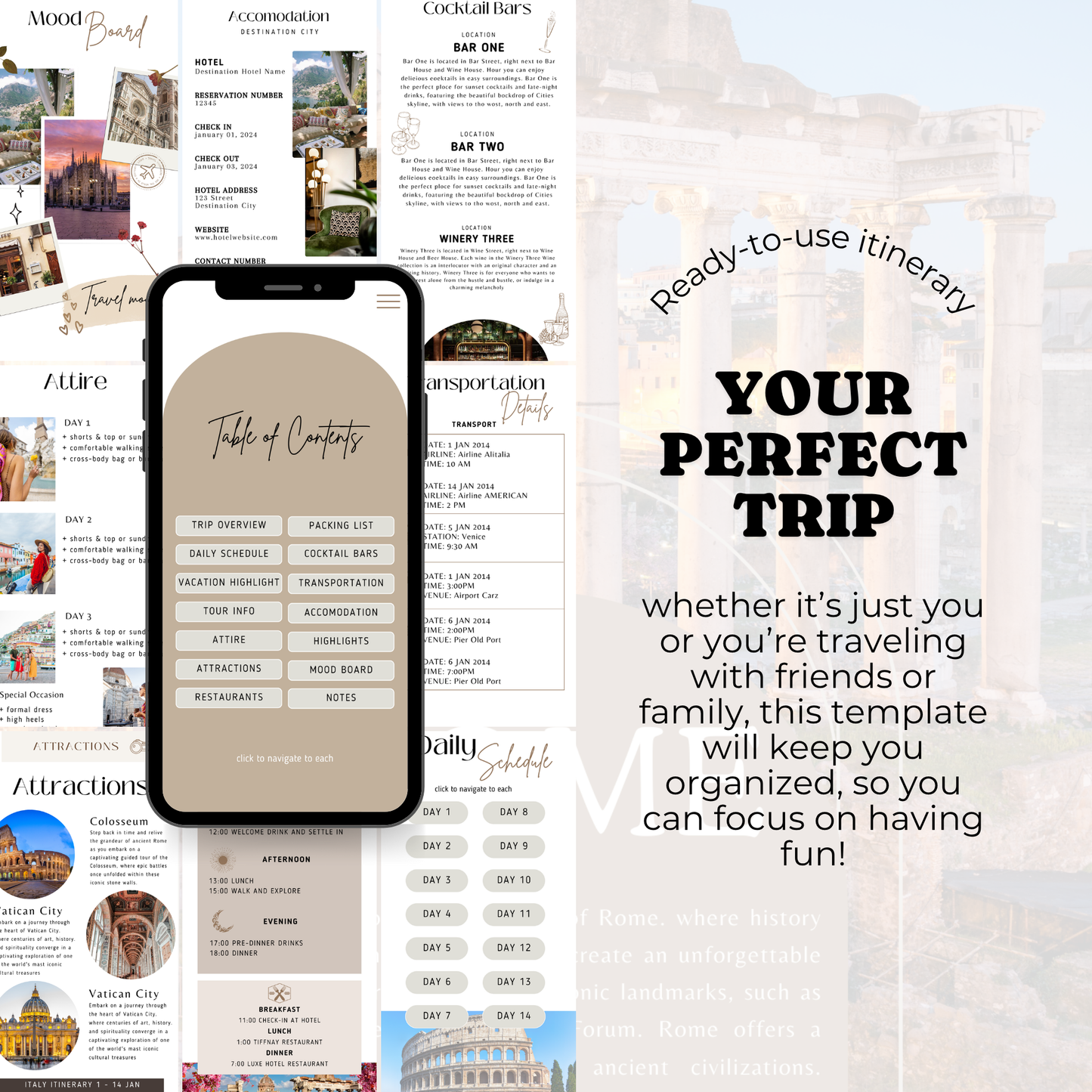 Travel Itinerary Template | Fully Customizable Canva Template | Mobile-Friendly Version