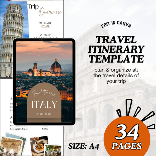 Travel Itinerary Template | Fully Customizable Canva Template | A4 Size