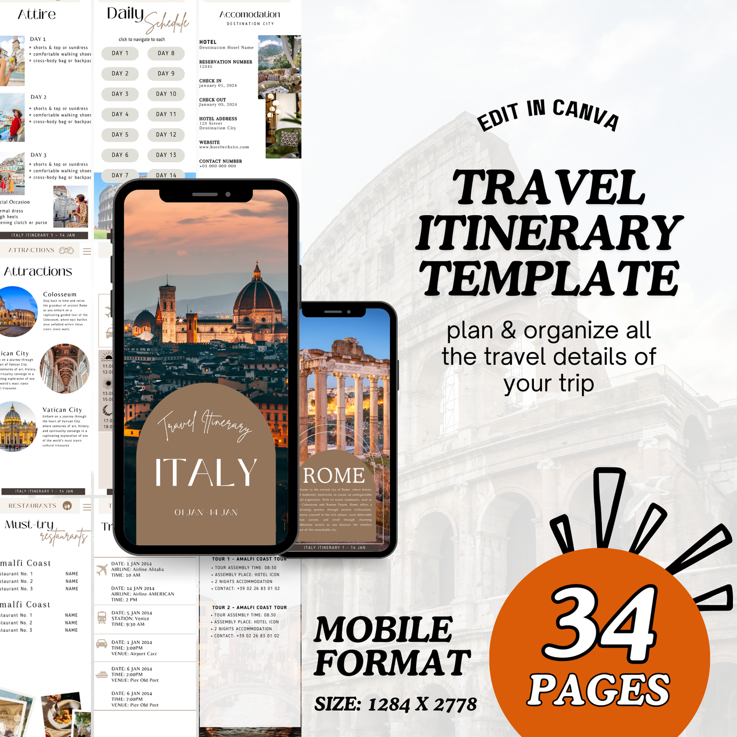 Travel Itinerary Template | Fully Customizable Canva Template | Mobile-Friendly Version