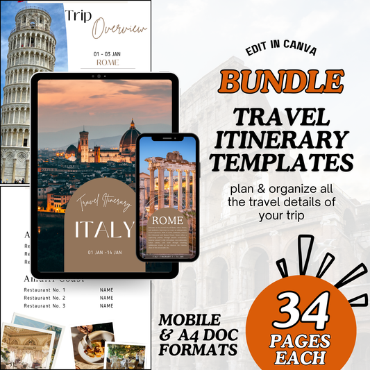 BUNDLE Travel Itinerary Template | Fully Customizable Canva Template | Mobile-Friendly + A4 Document