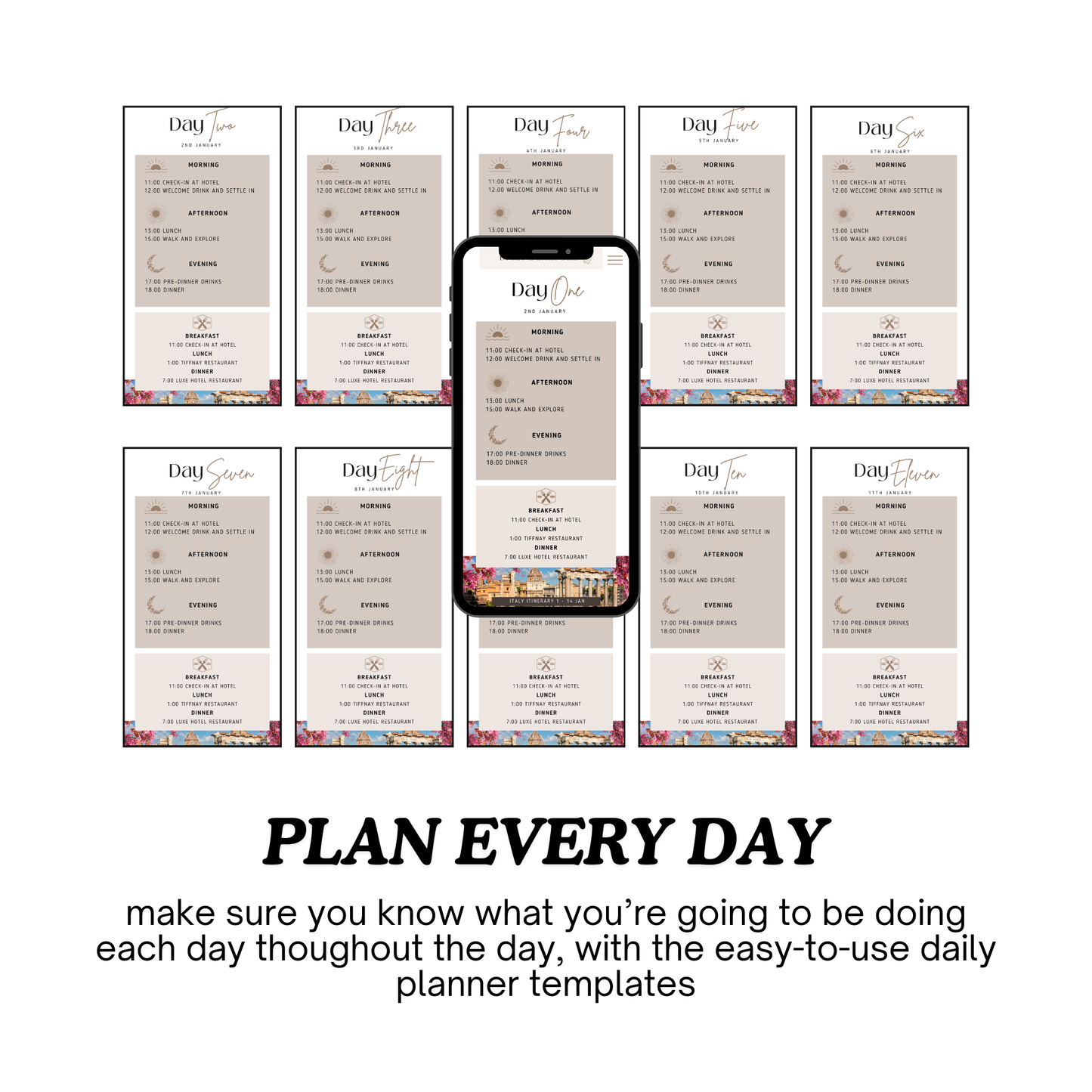 Travel Itinerary Template | Fully Customizable Canva Template | Mobile-Friendly Version