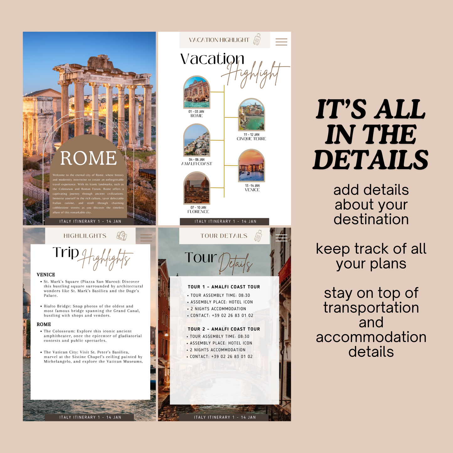 Travel Itinerary Template | Fully Customizable Canva Template | A4 Size