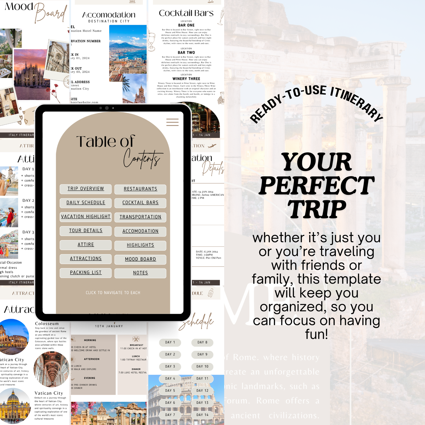 Travel Itinerary Template | Fully Customizable Canva Template | A4 Size