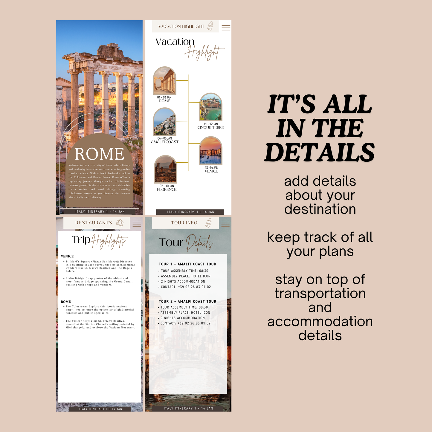 Travel Itinerary Template | Fully Customizable Canva Template | Mobile-Friendly Version