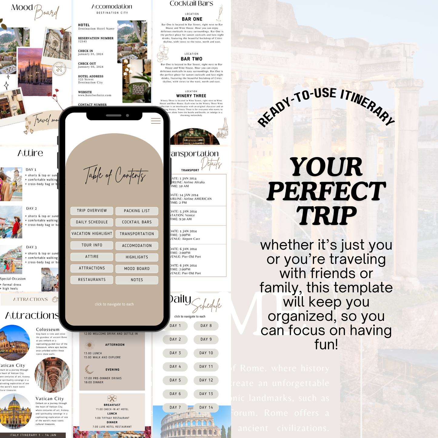 Travel Itinerary Template | Fully Customizable Canva Template | Mobile-Friendly Version