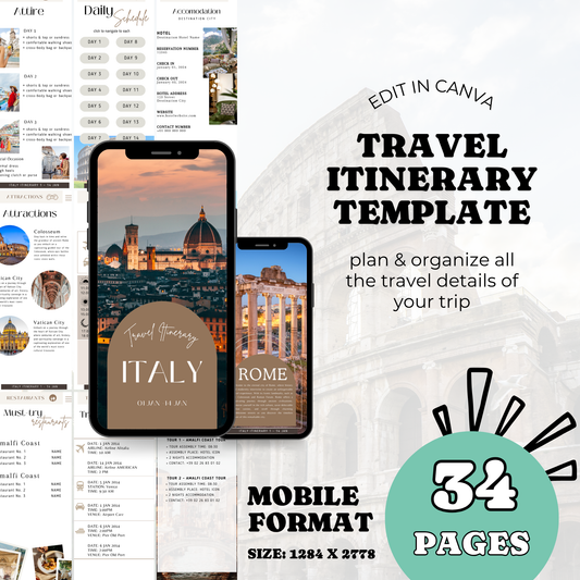 Travel Itinerary Template | Fully Customizable Canva Template | Mobile-Friendly Version