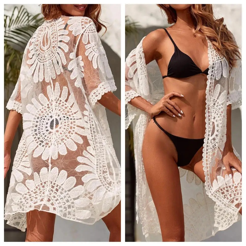 Lace Beach Cover Up with Flower Embroidery