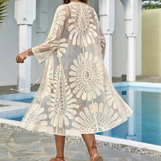 Lace Beach Cover Up with Flower Embroidery